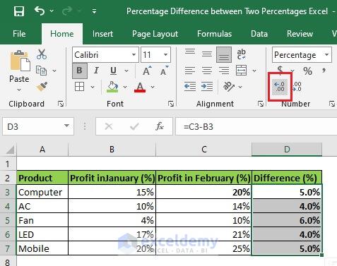 To get the percentage value in decimal, we select the Increase Decimal option