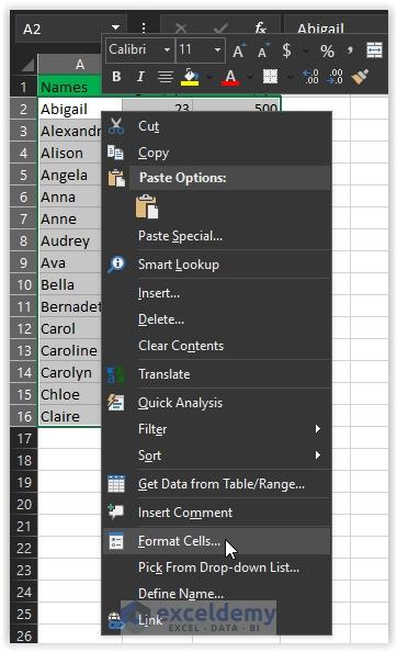 Selecting Format Cells option