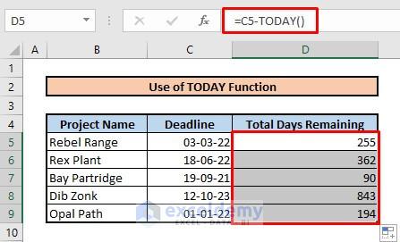 Calculate number of days between two dates by using TODAY function