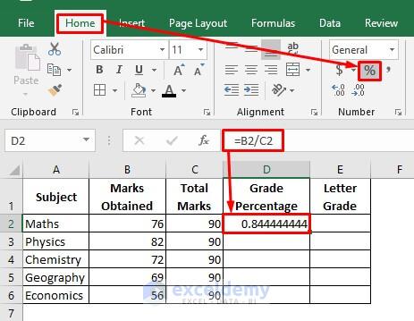 Calculate Letter Grade and Percentage for Each Subject Separately in Excel