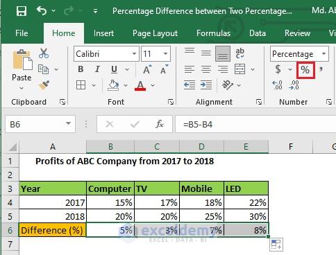Step 3 If the difference is not in % ,then convert them into percentages % option.