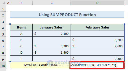 using sumproduct function to count cells that are not blank in excel