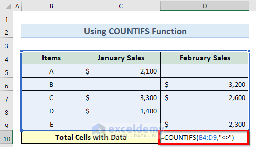 using countifs function to count cells that are not blank in excel