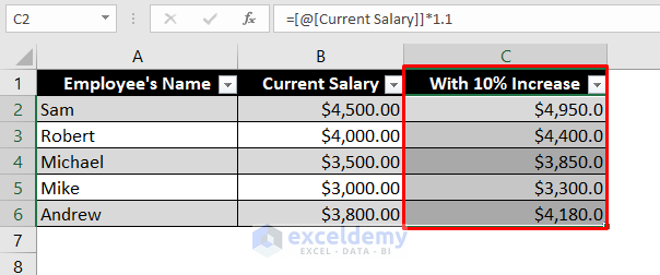 Create table in excel to copy formula