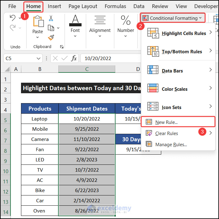 Opening New Formatting Rule dialog box to apply conditional formatting dates older than today
