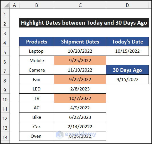Highlight Dates by Conditional Formatting between Today and 30 Days Ago (Range of Dates)