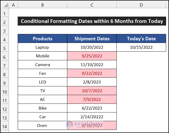 Perform Conditional Formatting for Dates Within 6 Months from Today