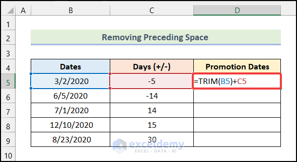 Using TRIM function to add days to date using Excel formula