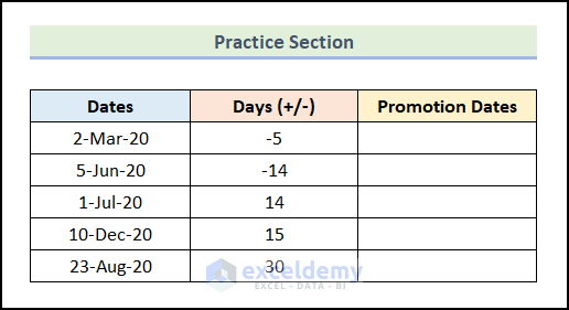 Practice section to add days to date using Excel formula