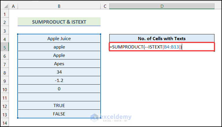 Merging ISTEXT and SUMPRODUCT Functions to Count Cells with Texts in Excel