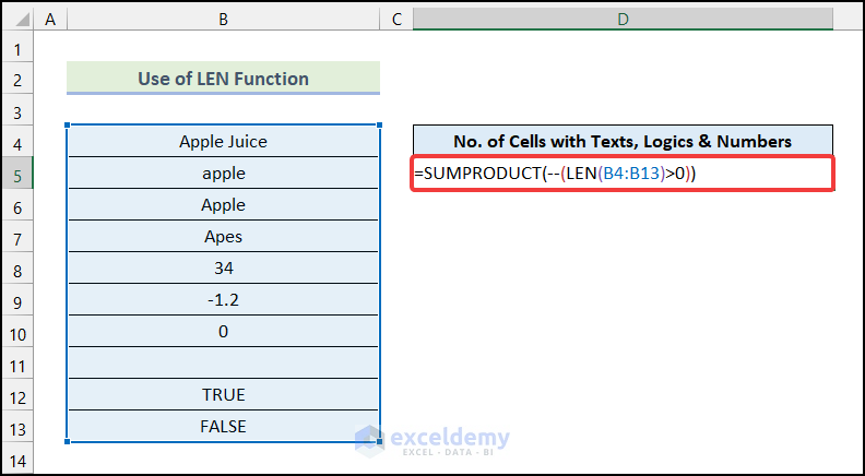 Incorporating LEN and SUMPRODUCT Functions to Count Text and Non-Blank Cells in Excel