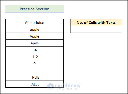 practice section to count cells with text by using an Excel formula