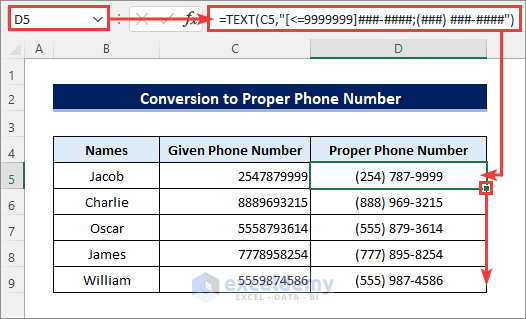 format phone numbers using excel text function