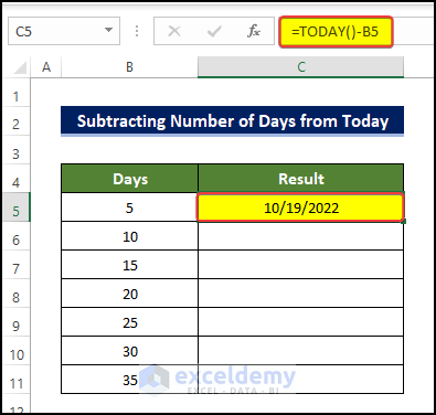  Subtract Number of Days from Today date in Excel