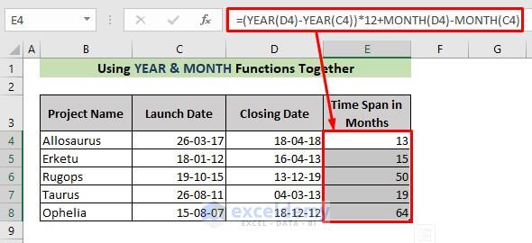 YEAR & MONTH Functions to Find Number of Months Between Two Dates in Excel