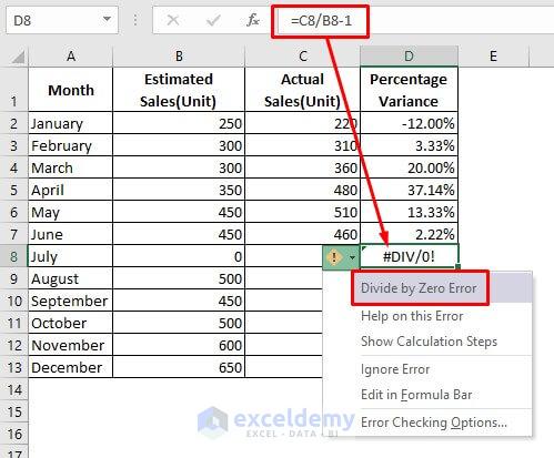 Excel IFERROR Function to Avoid #DIV/0 Error While Calculating Variance Percentage