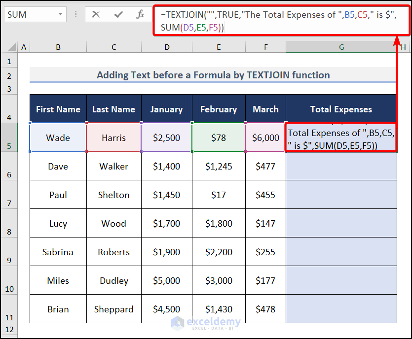 Add Text before a Formula Using the TEXTJOIN function in Excel