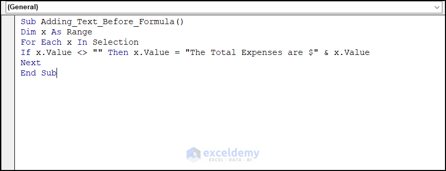 VBA code to add text before a formula in Excel