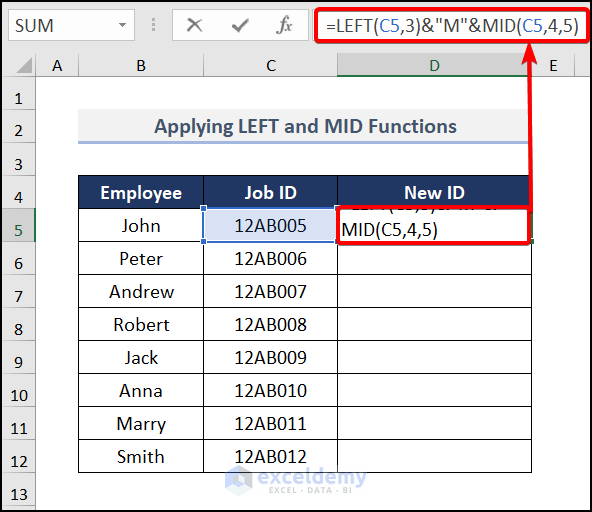 Using LEFT and MID functions to add text before a formula in Excel