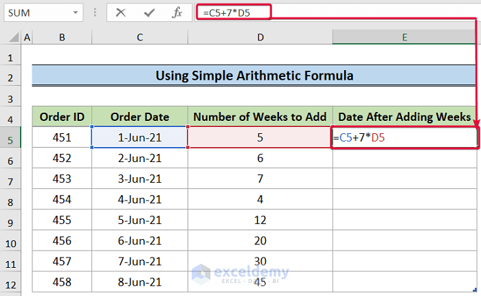 inserting arithmetic formula to show how to add weeks to a date in excel