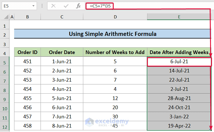 using simple arithmetic formula to show how to add weeks to a date in excel