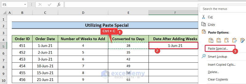utilizing paste special command to show how to add weeks to a date in excel