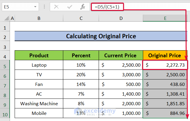 calculating original price to show how to calculate growth percentage formula in excel