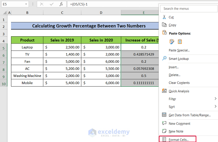 formatting cells to show how to calculate growth percentage formula in excel