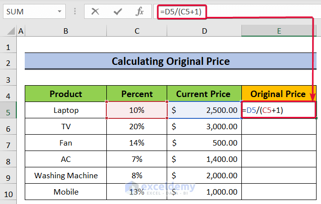 inserting formula to show how to calculate growth percentage formula in excel