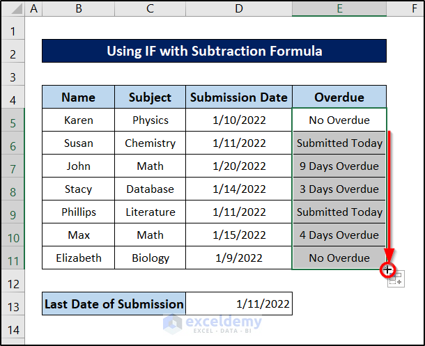 calculate overdue days in excel using if and subtraction formula