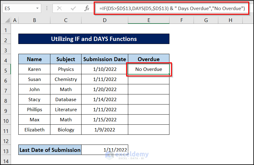 formula with if and days function to calculate overdue days in excel