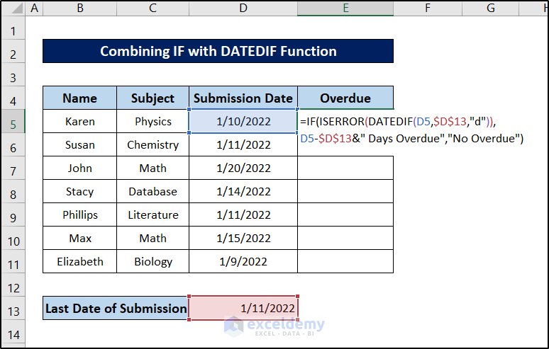 calculate overdue days in excel with a combination including datedif function