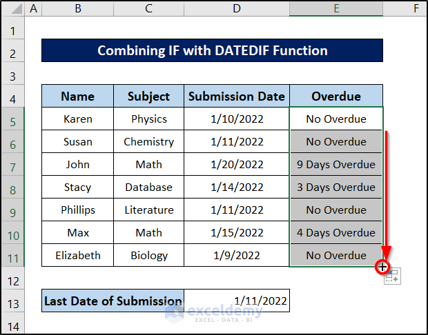 calculate overdue days in excel combining if with datedif functions