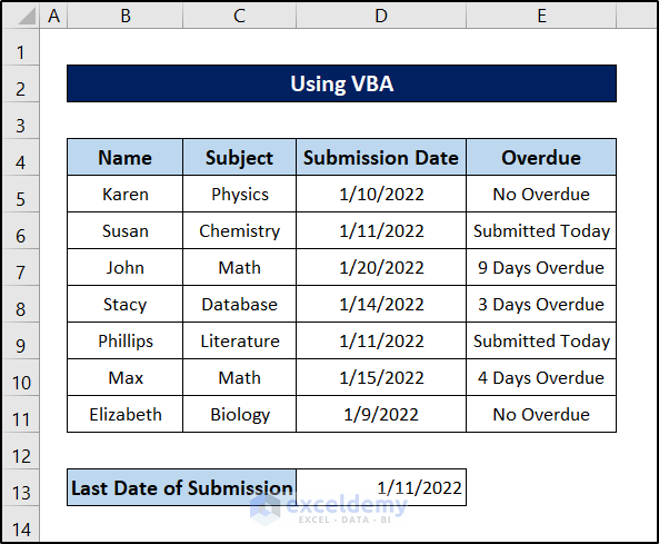 calculate overdue days in excel using vba