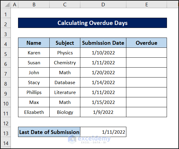 calculate overdue days in excel dataset