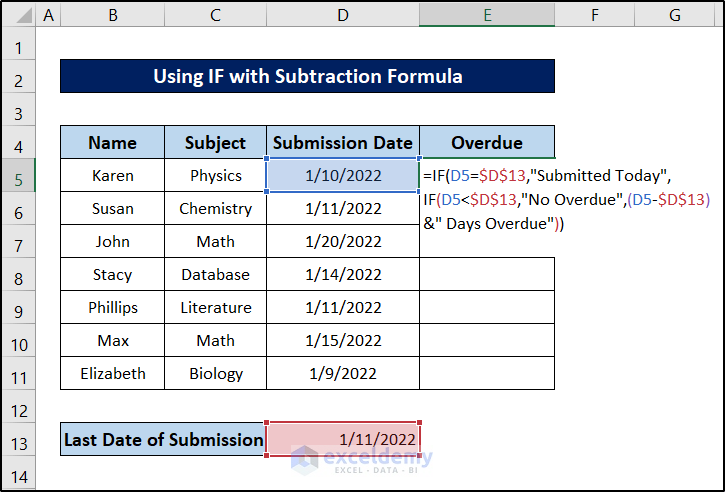if with subtraction formula to calculate overdue days in excel