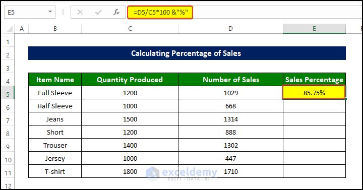Percent values of sales calculated in Excel