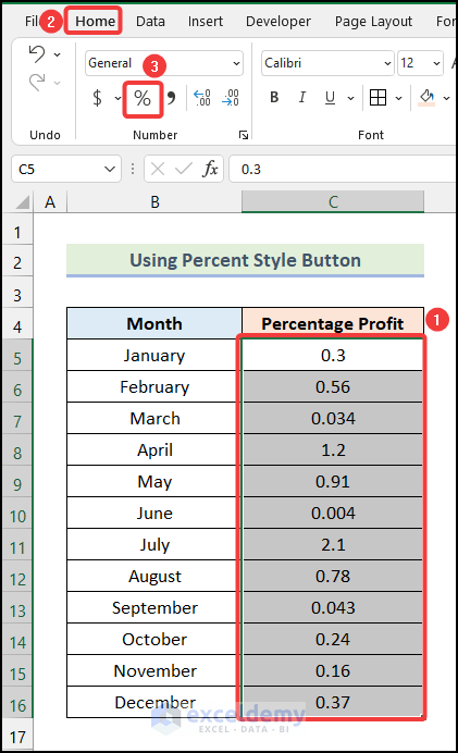 Using the Percent Style Button from Number Group to convert number to percentage in excel