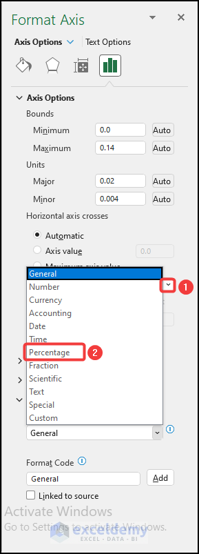 Editing format axis dialogue box to Convert Number to Percentage in Excel Charts