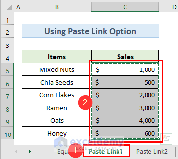 paste link option to link data in excel from one sheet to another