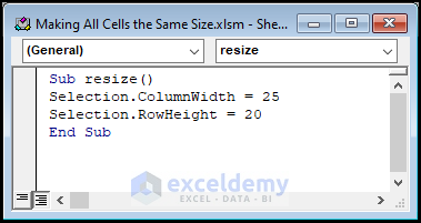 VBA Code to make all cells the same size in excel