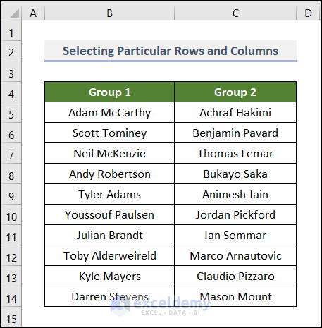 Selecting Particular Rows & Columns to Make the Cells Same Size in Excel