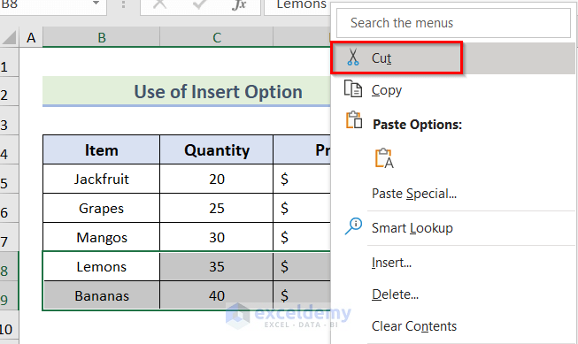 Cut Cells to Move Rows in Excel Without Replacing