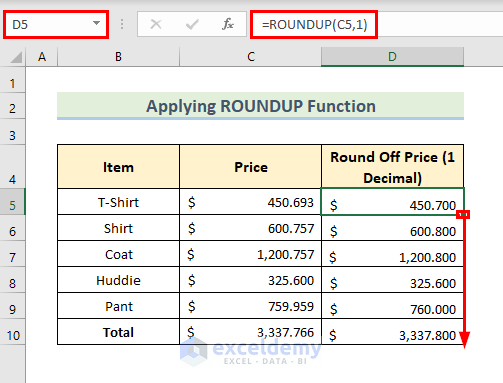 Apply ROUNDUP Function in Excel