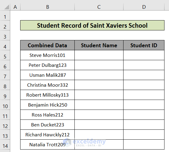 dataset of how to separate text and numbers in excel