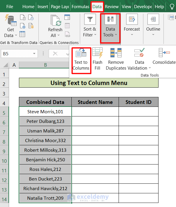 Text to column menu how to separate text and numbers in excel