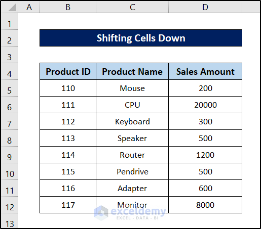 dataset to shift cells down in excel