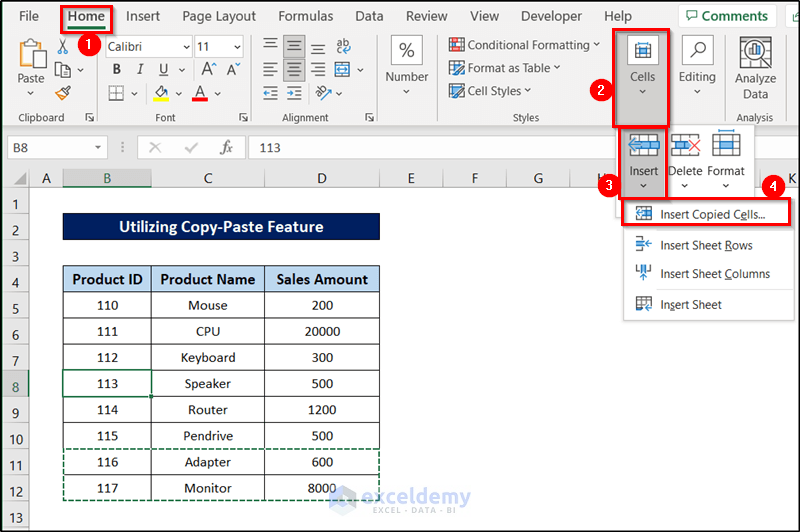 commands for copy-paste feature to shift cells down in excel