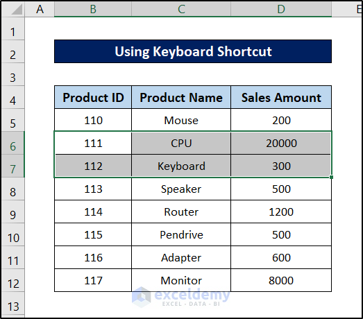 selecting cells to shift cells down in excel using keyboard shortcut