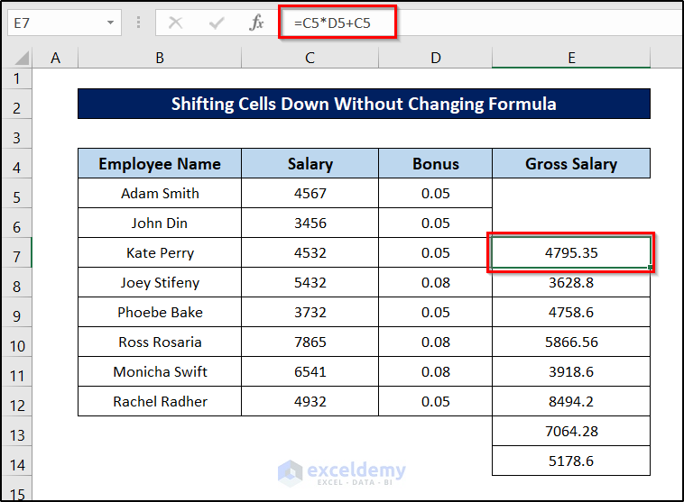 shifting cells down without changing formula in excel